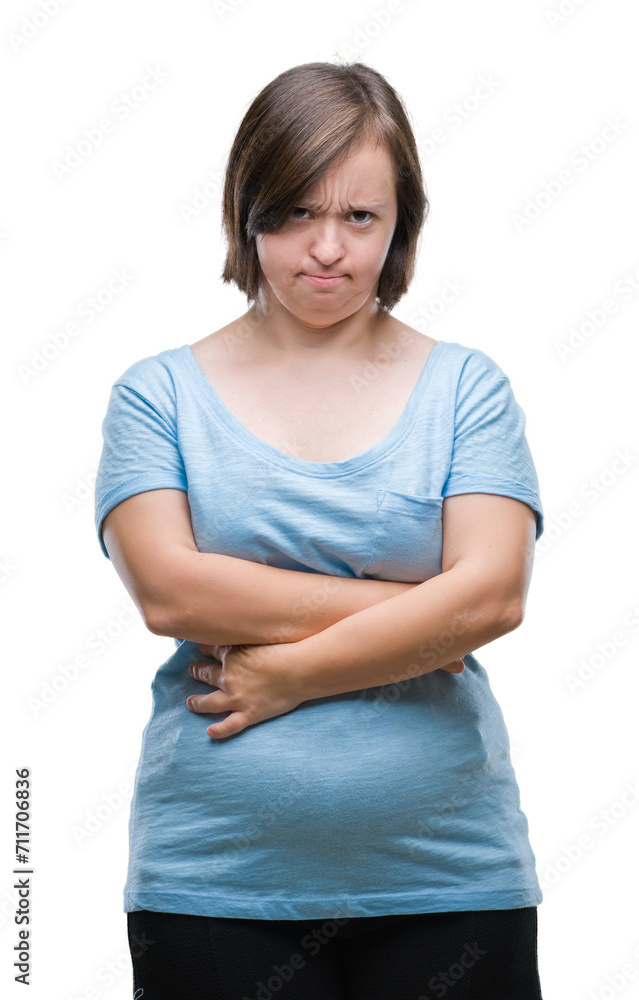 Young adult woman with down syndrome over isolated background skeptic and nervous, disapproving expression on face with crossed arms. Negative person. Young adult woman with down syndrome over isolated background skeptic and nervous, disapproving expression on face with crossed arms. Negative person.