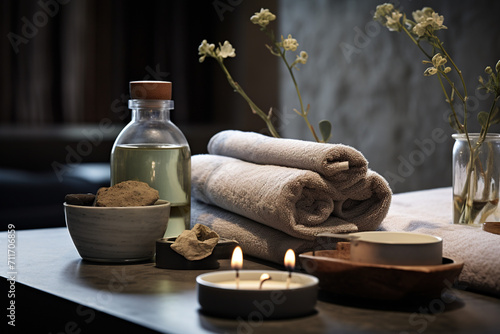 Spa treatment and beauty items on table in spa room