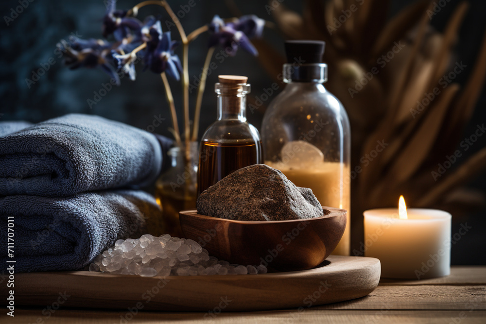 Spa treatment and beauty items on table in spa room Spa treatment and beauty items on table in spa room