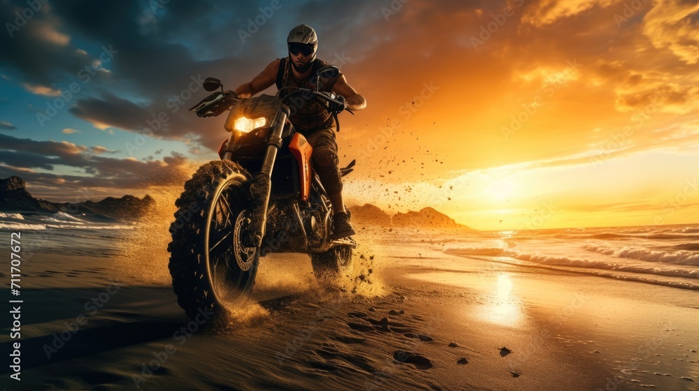 Silhouette rider riding motor big bike on beach at sunset, summer travel concept Silhouette rider riding motor big bike on beach at sunset, summer travel concept