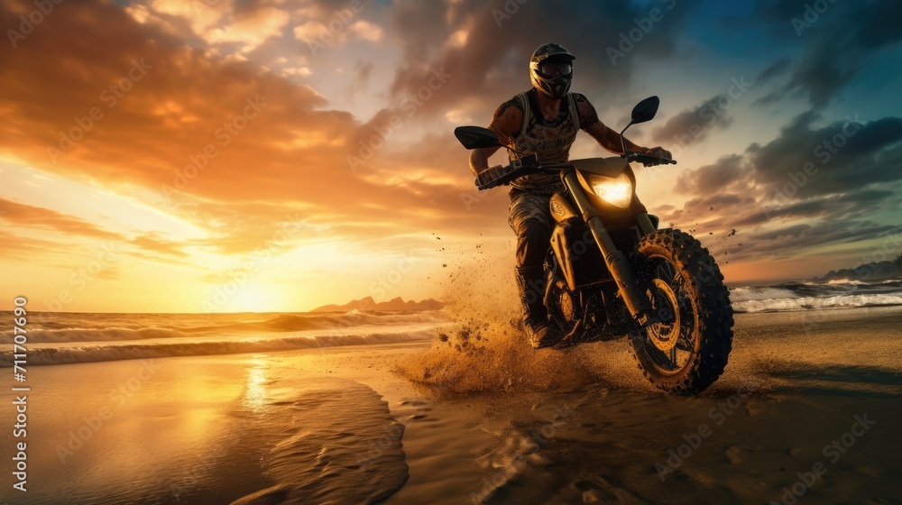 Silhouette rider riding motor big bike on beach at sunset, summer travel concept