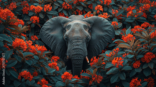Elephant wild animal surrounded by beautiful flowers and leaves