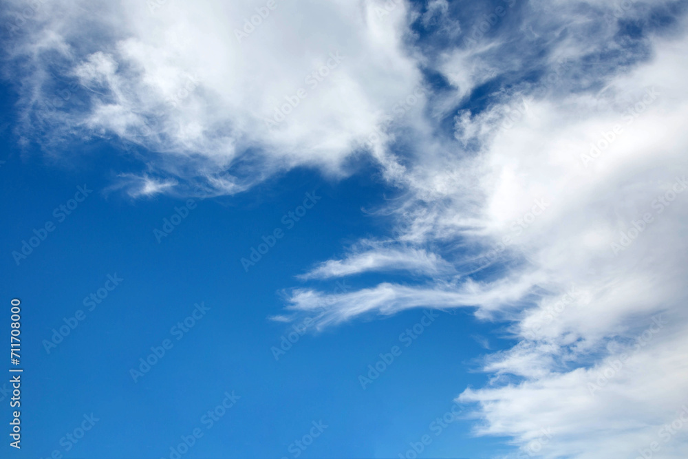 Fototapeta premium The background is a blue sky with white clouds of elongated shape. Copy space.