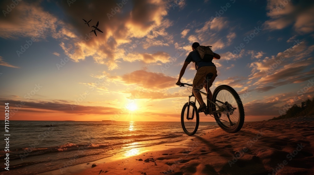 Obraz premium Silhouette rider riding motor big bike on beach at sunset, summer travel concept
