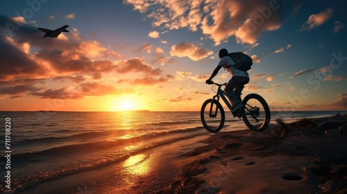 Silhouette rider riding motor big bike on beach at sunset, summer travel concept