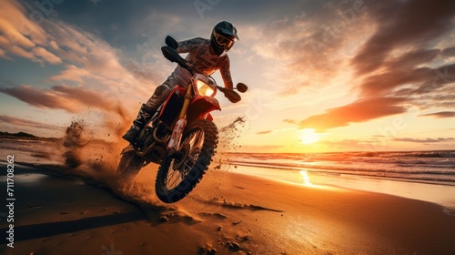 Silhouette rider riding motor big bike on beach at sunset, summer travel concept