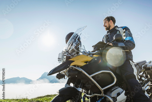 man on a motorcycle in the mountains. Achenkirch, Austria