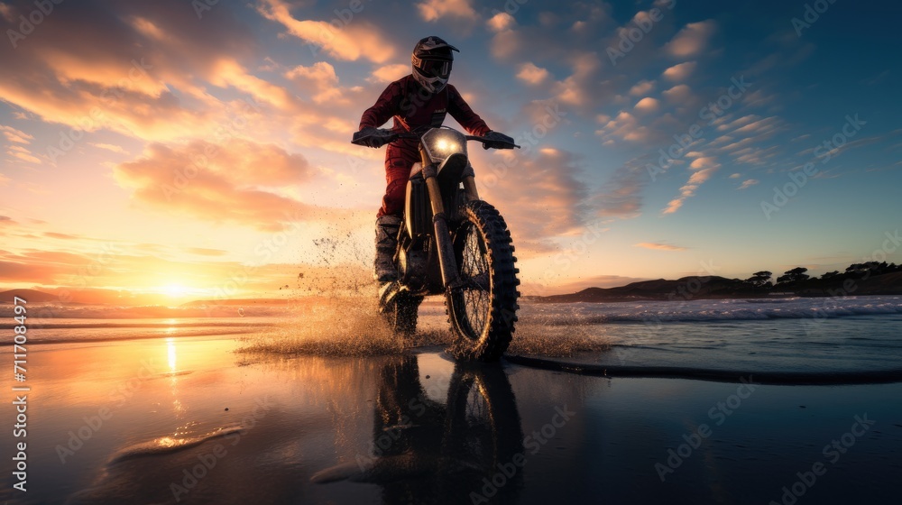 Fototapeta premium Silhouette rider riding motor big bike on beach at sunset, summer travel concept