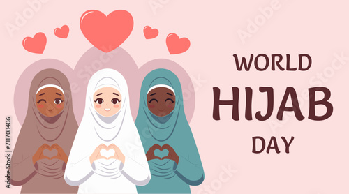 World hijab day. Women in islamic religious clothing shaped heart with both hands expressions. Flat design, poster.