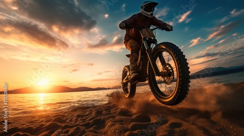 Silhouette rider riding motor big bike on beach at sunset, summer travel concept © AUNTYANN