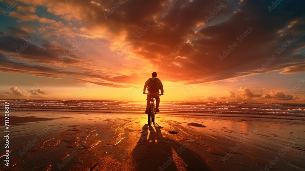 Silhouette rider riding motor big bike on beach at sunset, summer travel concept