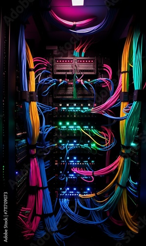 Fiber optic cables connected to network switch in data center room