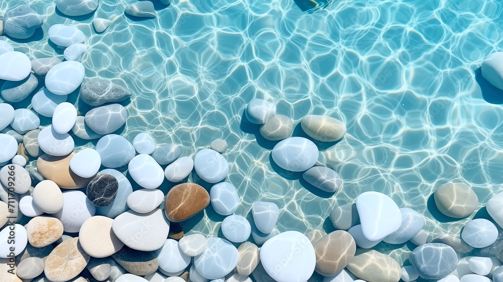 Transparent Clean Blue Water with Smooth Stones and Pebbles at the Bottom. Spa Salon Concept. Transparent Clean Blue Water with Smooth Stones and Pebbles at the Bottom. Spa Salon Concept.