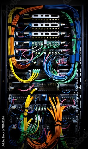 Fiber optic cables connected to network switch in data center room