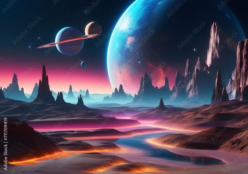 Fototapeta premium Stars planets fantasy landscapes of the future futuristic space sci fi abstract background sci fi landscape. Generative AI