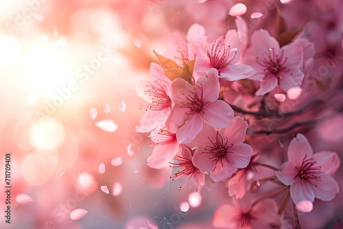 A close-up of a cherry blossom tree in soft sunlight with petals falling gently Cherry tree blossom in spring . Cherry blossom tree in bloom flowering macro detail © PinkiePie