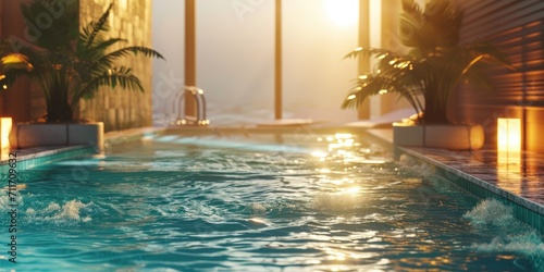 Visuals of luxurious resort facilities like pools, saunas, and hot springs promoting relaxation