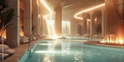 Visuals of luxurious resort facilities like pools  saunas  and hot springs promoting relaxation