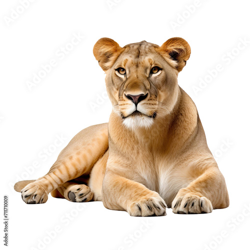 Lying african lioness isolated on a transparent or white background