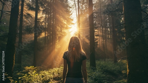 Woman facing away, standing in a dense forest with sunlight filtering through the tall trees generative ai © ThisDesign