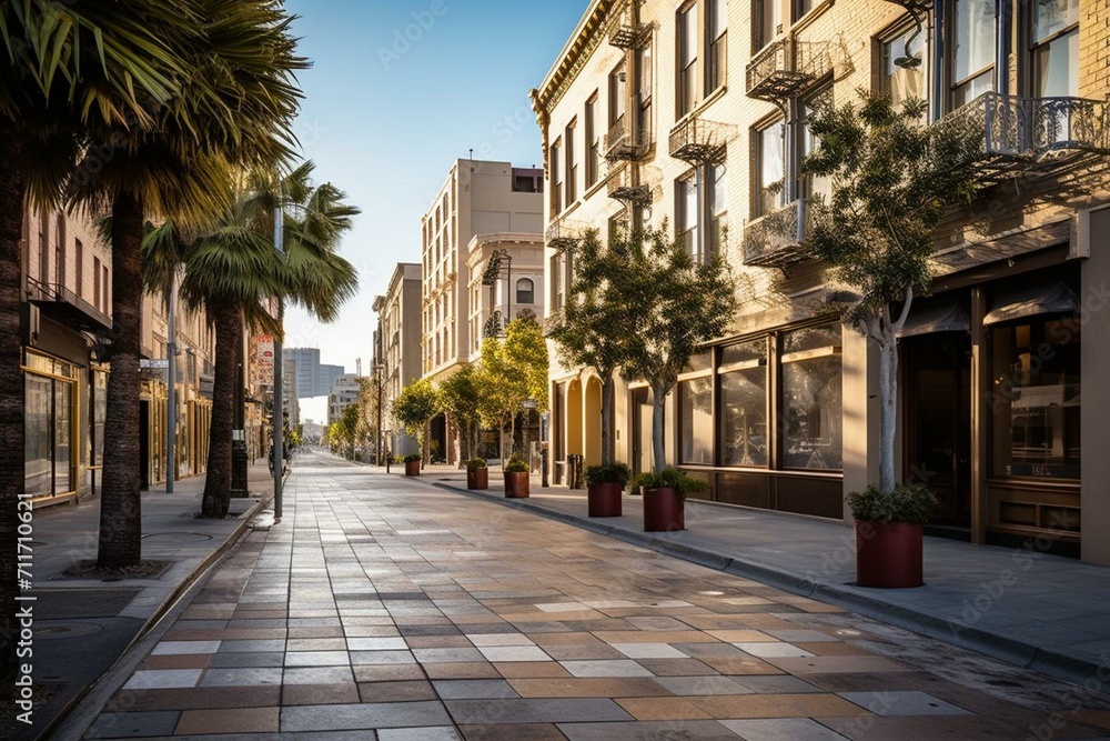 A paved street between buildings with sidewalks on both sides. Generative AI