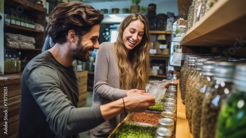 couple customer shopping for vegan ecofriendly pantry product in zero waste supermarket, being assisted with information by merchant. Vendor showing woman homegrown fresh perfect for healthy eating