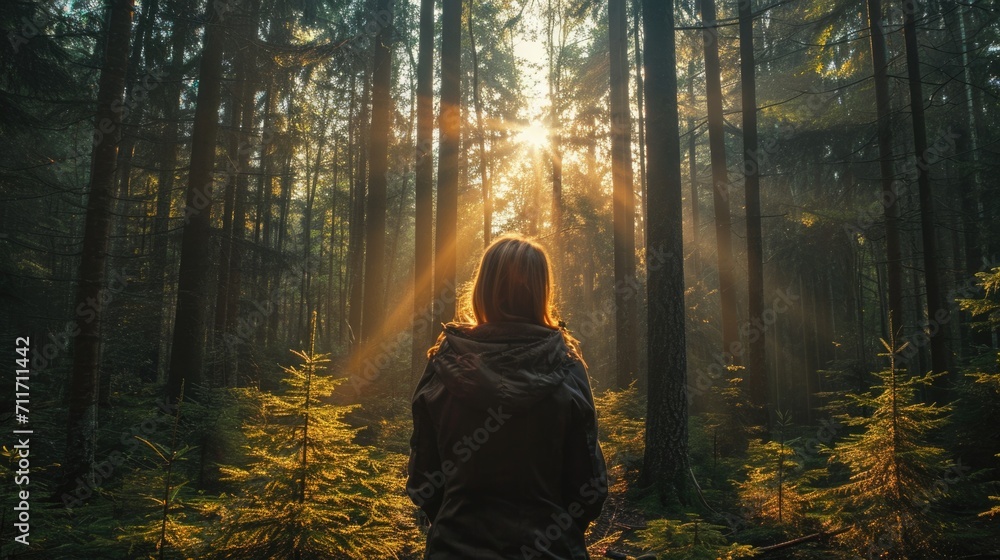 Woman facing away, standing in a dense forest with sunlight filtering through the tall trees generative ai Woman facing away, standing in a dense forest with sunlight filtering through the tall trees generative ai