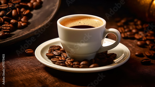 Elevate your coffee experience with a top-view image featuring a cup of coffee and coffee beans in a sack on a dark background. A captivating blend of aesthetics.