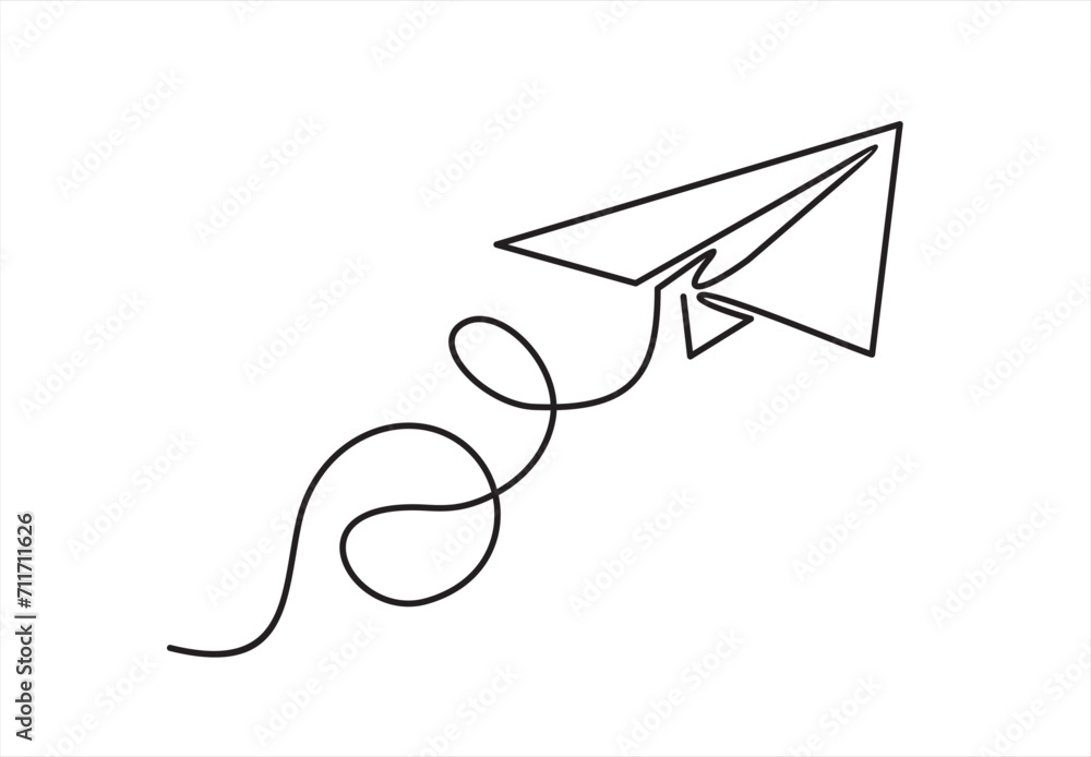 One continuous line drawing of origami paper plane flying. Flat design. White background. Single line draw design vector illustration One continuous line drawing of origami paper plane flying. Flat design. White background. Single line draw design vector illustration