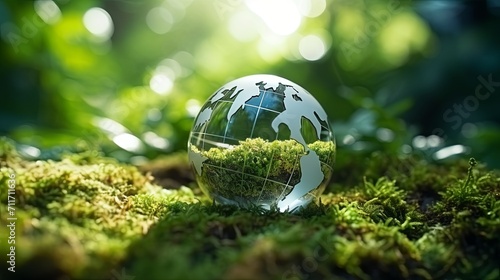 Green Globe In Forest With Moss And Defocused Abstract Sunlight Concept of earth protection day or environmental protection hands to protect the growing forest