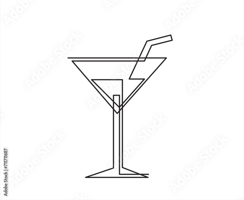One line continuous cocktail wine glass symbol concept. Silhouette of alcoholic drink vermouth olive. Digital white single line sketch drawing vector illustration
