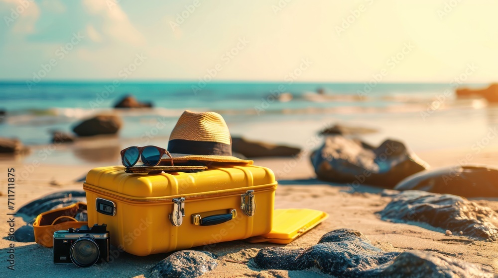 baggage travel. yellow suitcase with travel accessories such as sunglasses, hat and camera on sea beach background. - obrazy, fototapety, plakaty 