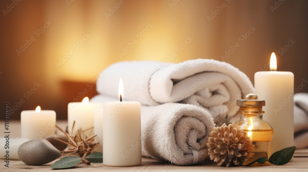 Beautiful spa treatment composition such as Towels, candles, essential oils, Massage Stones on light wooden background. blur living room, natural creams and moisturizing Healthy lifestyle, body care