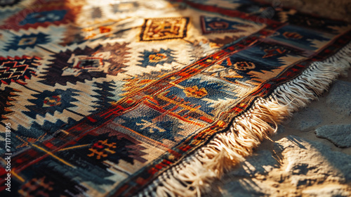 hand-woven rug with rich, vibrant colors and detailed tribal patterns. The texture of the wool and the tightness of the weave are clearly visible