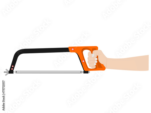 Hand holding a hacksaw on a white background.