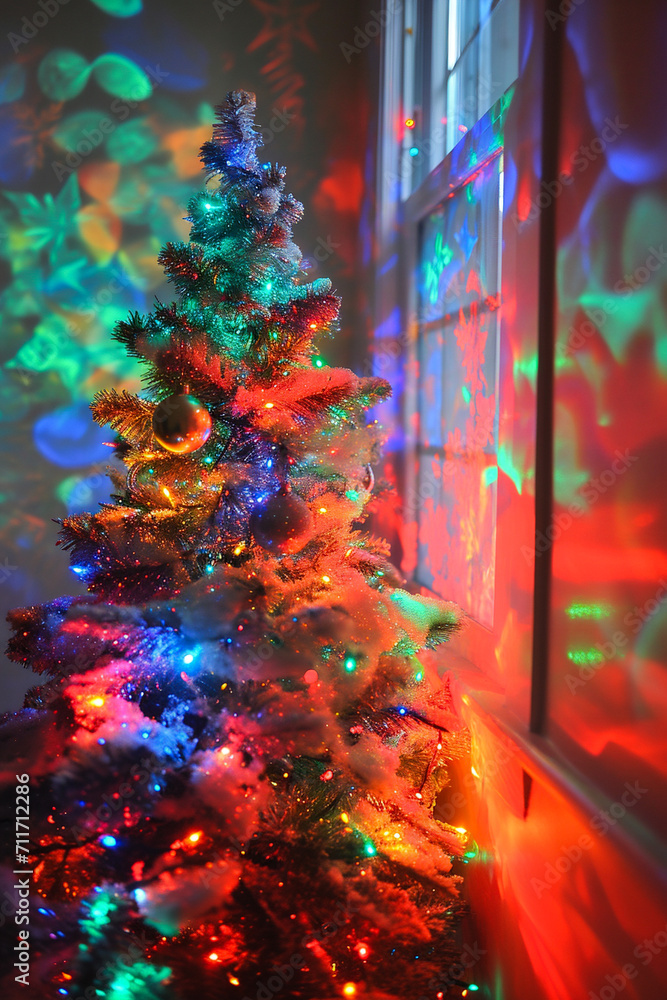 Christmas tree with colorful bokeh lights on the windowsill. Christmas tree with colorful bokeh lights on the windowsill.