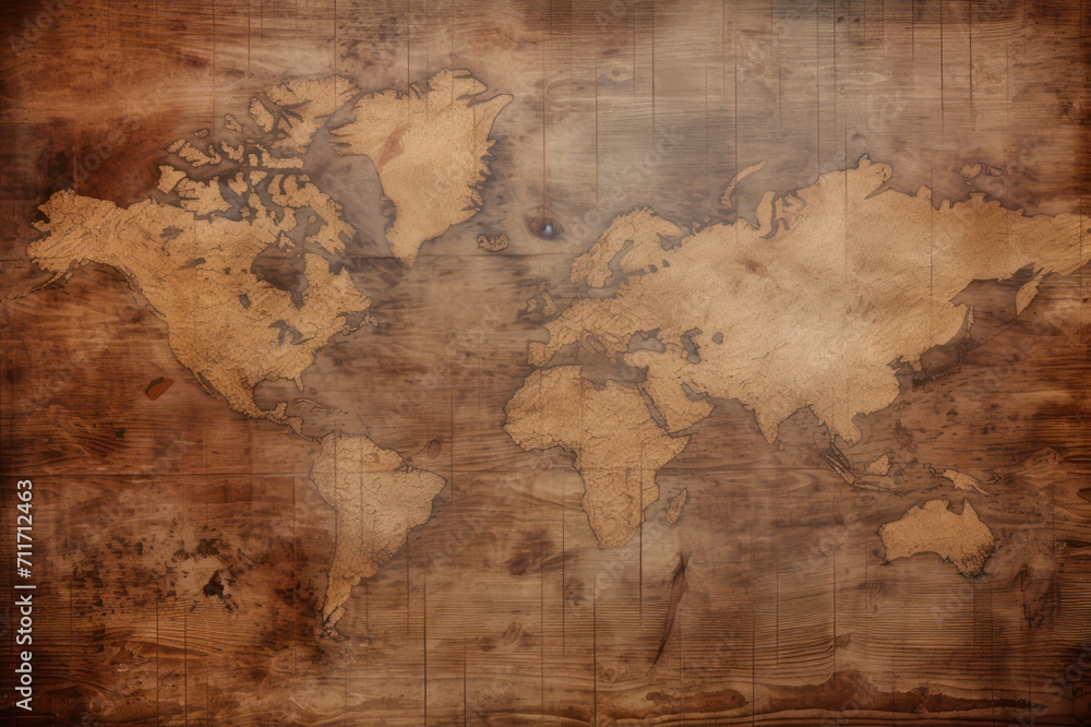 Naklejka premium World map on old worn paper, continent grunge effect background wallpaper.