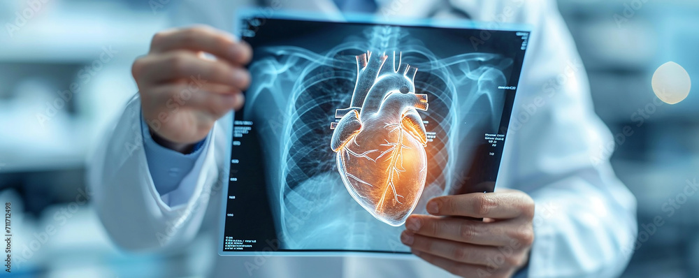 A healthcare professional examining a detailed x-ray image of a human heart, highlighting the intricate cardiovascular structures ,Doctor Analyzing Heart X-Ray - obrazy, fototapety, plakaty 
