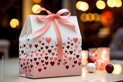 Gift box with hearts and pink bow on the background of bokeh effect. photo