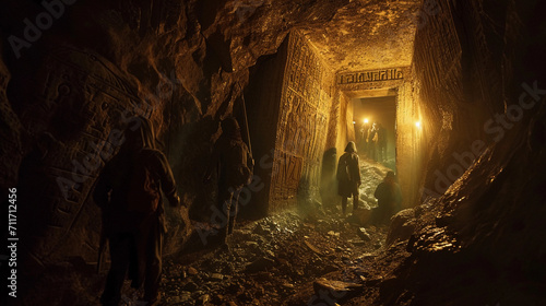 team of archaeologists discovering a hidden underground tomb, filled with ancient relics, hieroglyphics on the walls