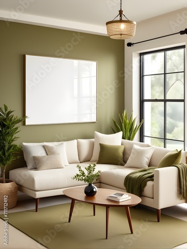 Mock-up frame in home interior background with sofa, table and decorations in living room © Hala