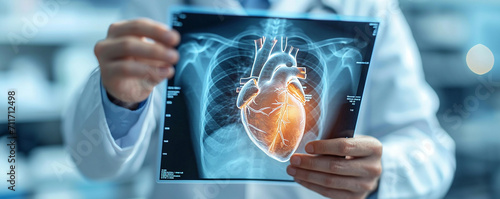 A healthcare professional examining a detailed x-ray image of a human heart, highlighting the intricate cardiovascular structures ,Doctor Analyzing Heart X-Ray photo