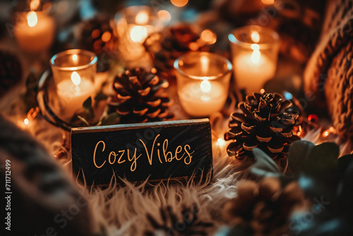 Cozy Vibes written on wooden board with burning candles.