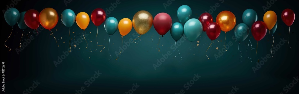 Bright balloons on the blue background, in the style of dark gold and dark crimson Bright balloons on the blue background, in the style of dark gold and dark crimson