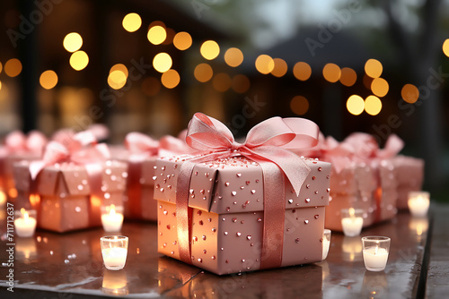 Pink gift box with pink bow and candles on the background of bokeh effect. photo