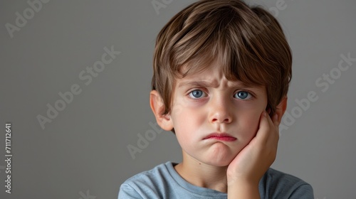 little boy presses hand to cheek, suffers from pain in tooth isolated on gray studio background. Teeth decay, dental problems, child emotions and facial expression
