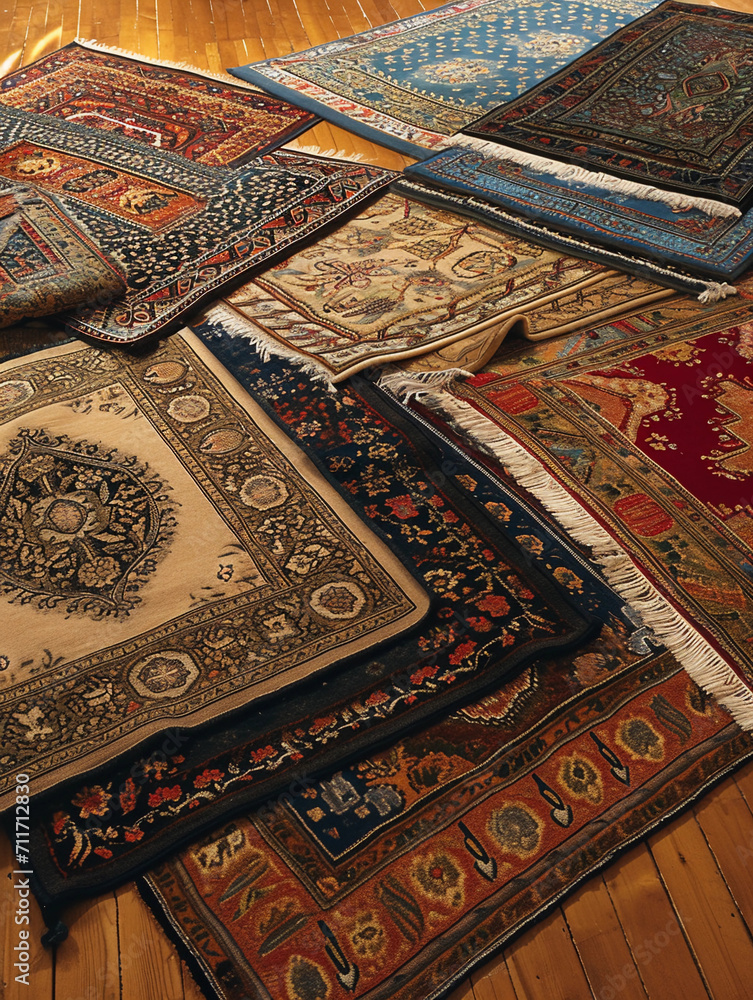 variety of rugs, each with different patterns and textures, spread across a hardwood floor. Some rugs feature intricate geometric designs, others floral patterns, and a few with abstract art