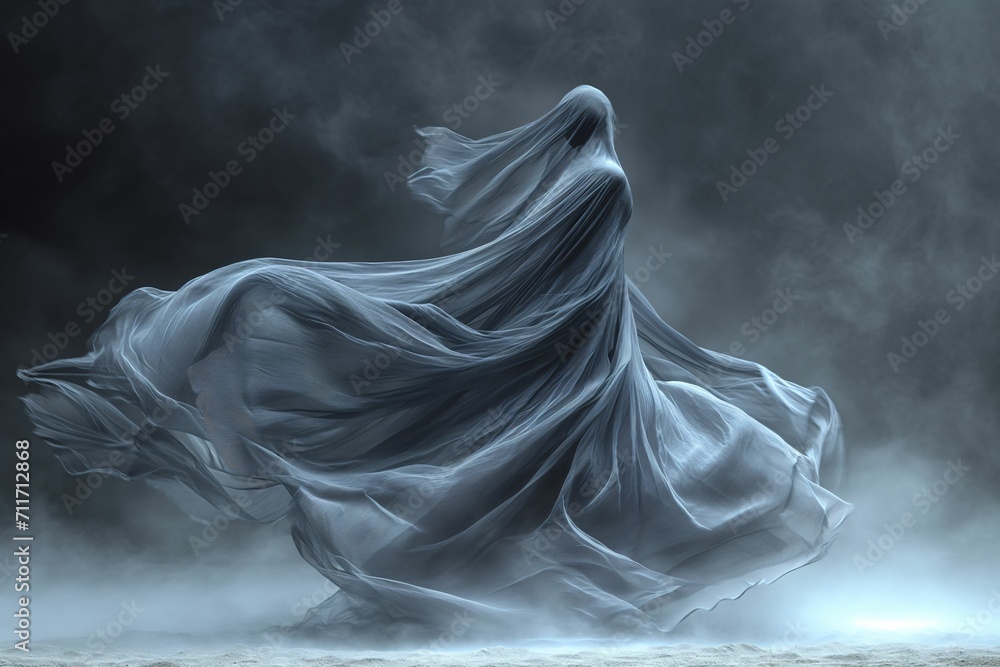 Silhouette of mysterious figure of woman shrouded in flowing, ghostly transparent dress fabric in the wind against dark misty background Silhouette of mysterious figure of woman shrouded in flowing, ghostly transparent dress fabric in the wind against dark misty background