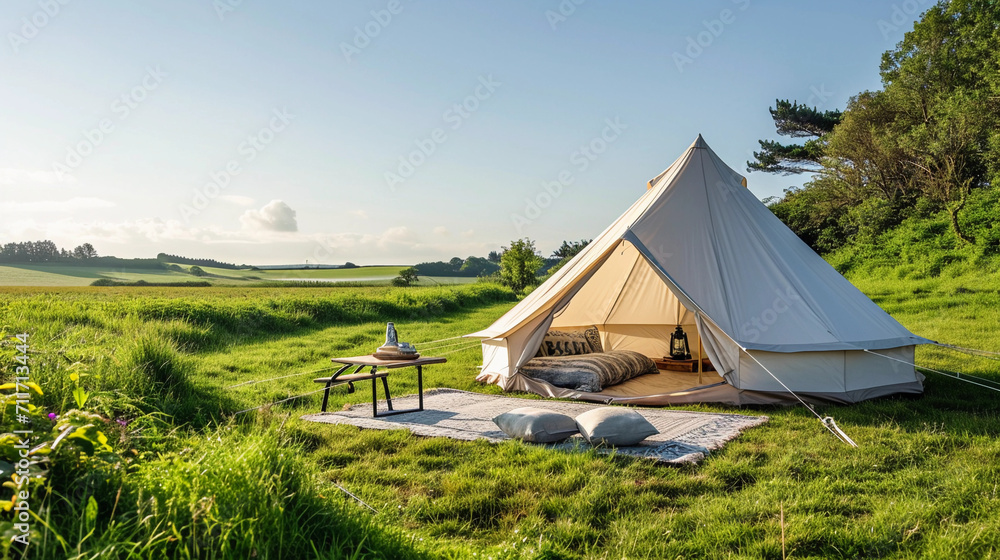 idyllic glamping setup in a rolling countryside, featuring a chic bell tent, comfortable outdoor loungers, and a quaint picnic area under a clear blue sky