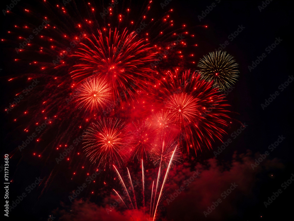 Wonderful Red Fireworks explode in night sky, Waterfront fireworksColorful fireworks in the night sky.